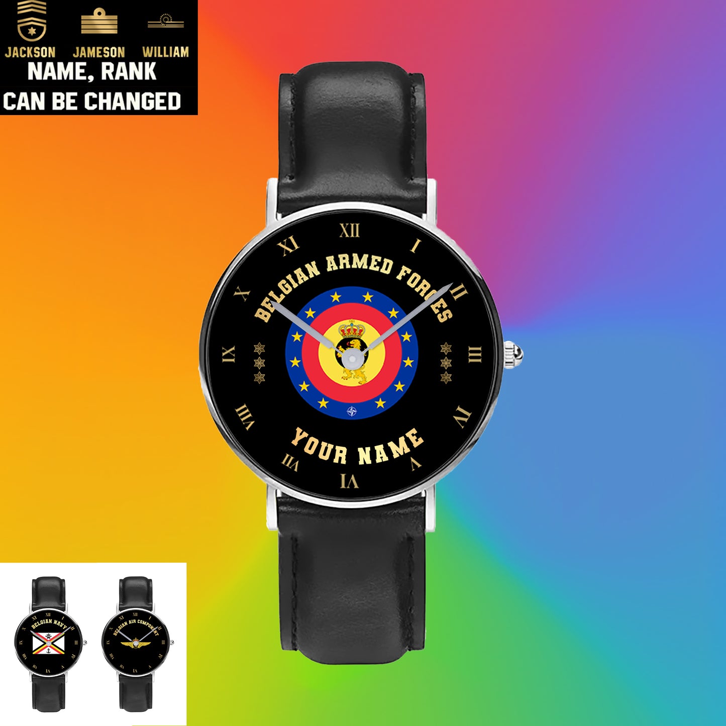 Personalized Belgium Soldier/ Veteran With Name And Rank Black Stitched Leather Watch - 17098560 - Gold Version