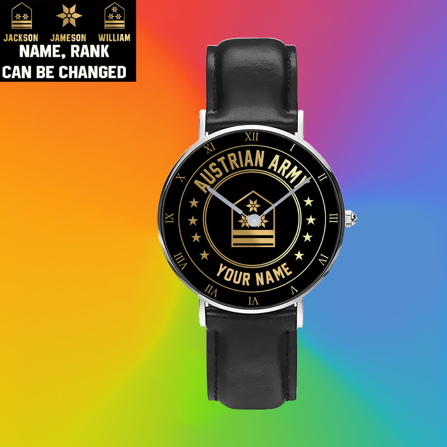 Personalized Austrian Soldier/ Veteran With Name And Rank Black Stitched Leather Watch - 17108928 - Gold Version