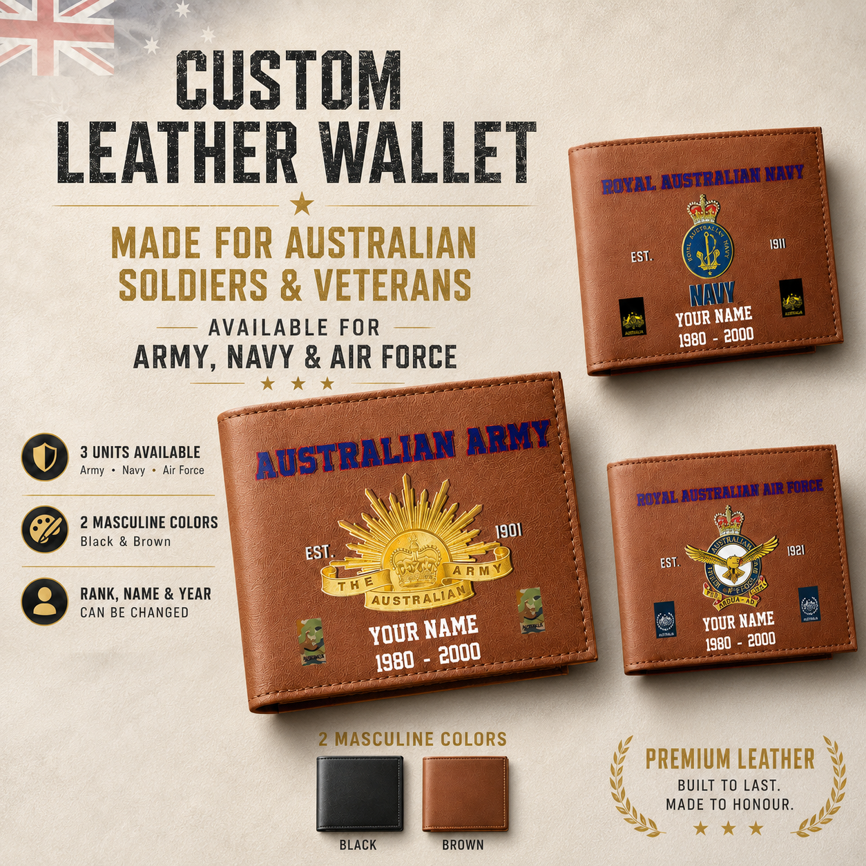 Personalized Australia Soldier/ Veteran With Rank, Year And Name Leather Wallet - 17441568