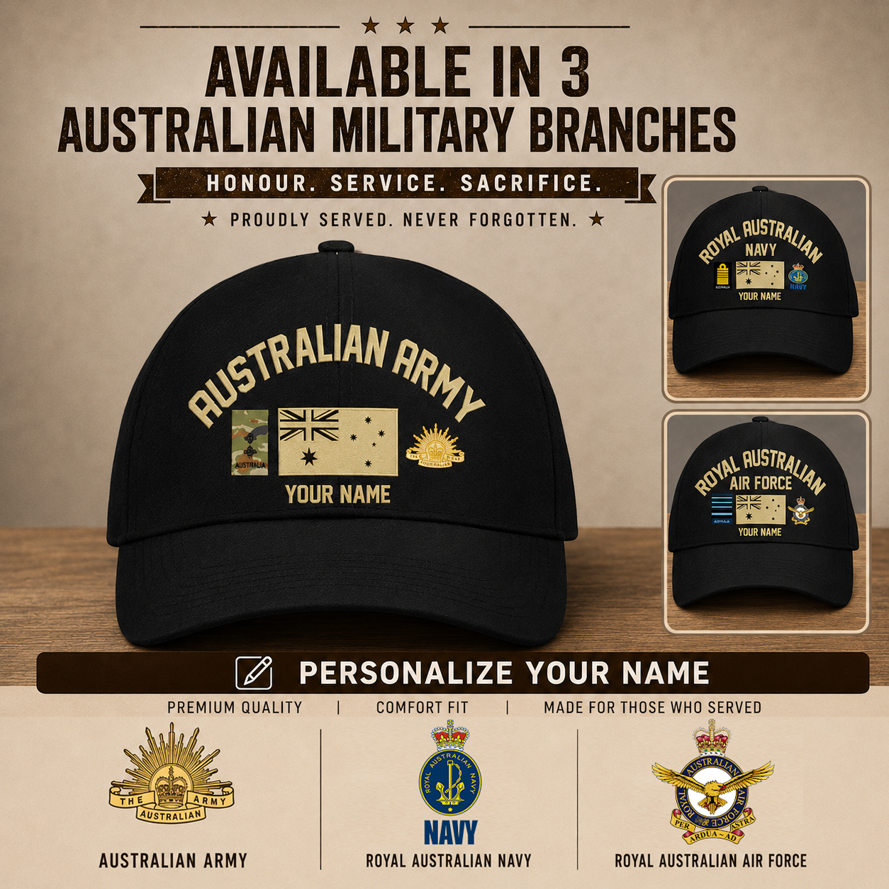 Baseballkappe mit Camouflage-Muster, australischer Soldat/Veteran, mit personalisiertem Rang und Namen, Goldversion – 16900704