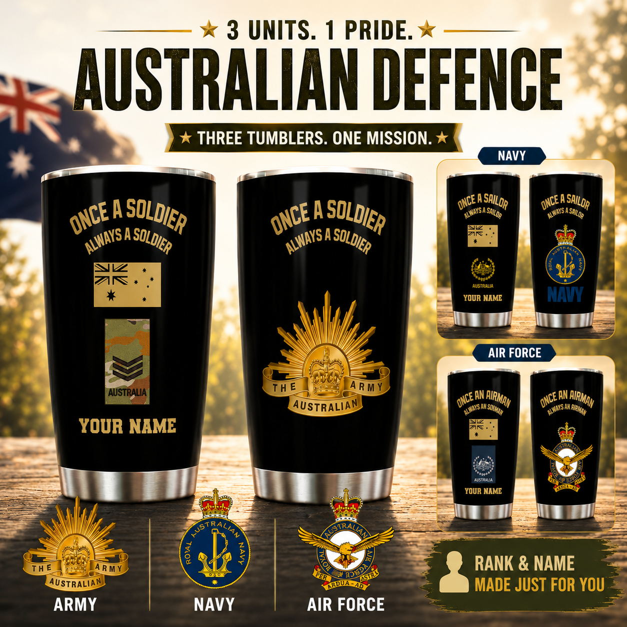 Personalized Australian Veteran/ Soldier With Rank And Name Camo Tumbler Gold Flag - 1706918406
