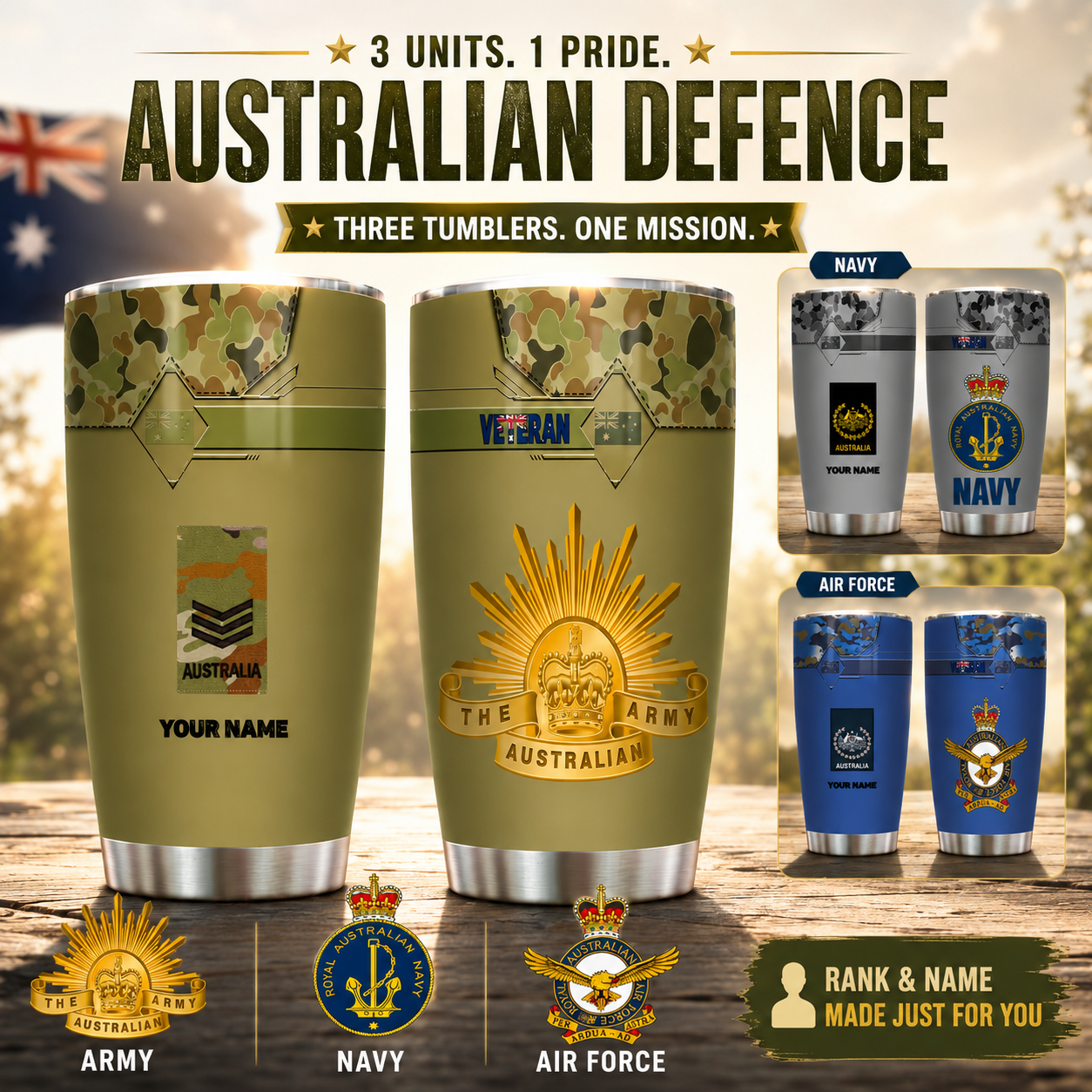 Verre personnalisé à motif camouflage pour vétéran/soldat australien avec rang et nom, imprimé sur toute la surface 0302240001