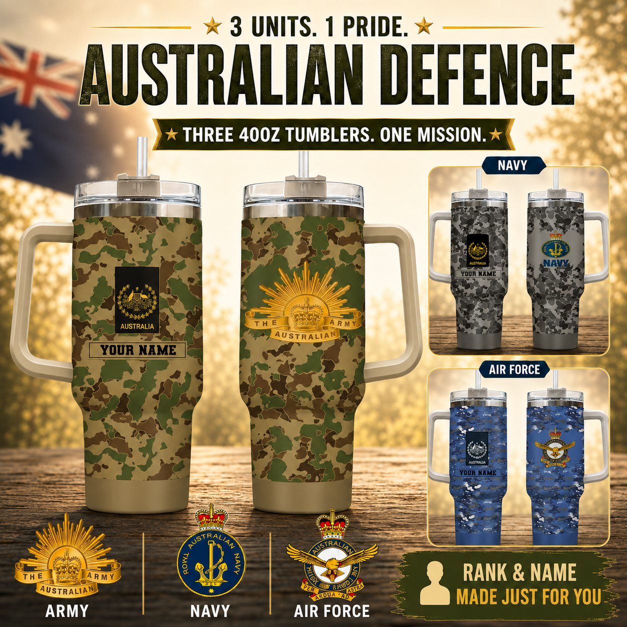 Personalized Australian Soldier/ Veteran Camo With Name And Rank 40oz Tumbler 3D Printed - 17060544