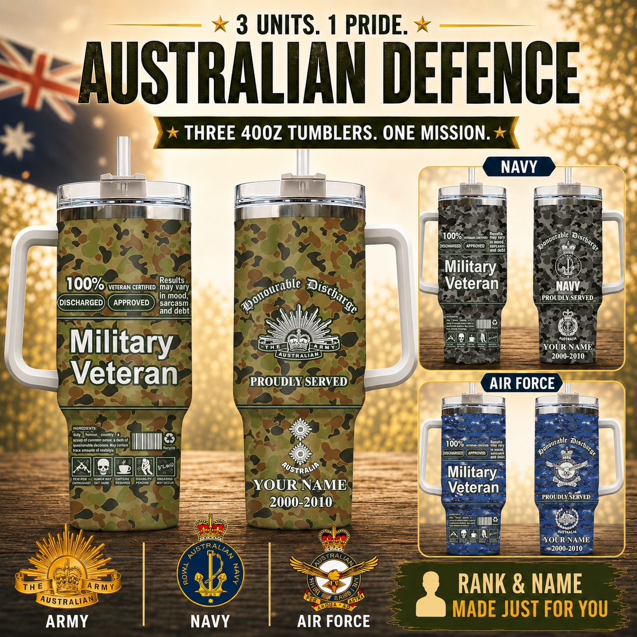 Personalized Australia Veteran/ Soldier With Rank, Year And Name Camo Tumbler - 17745696