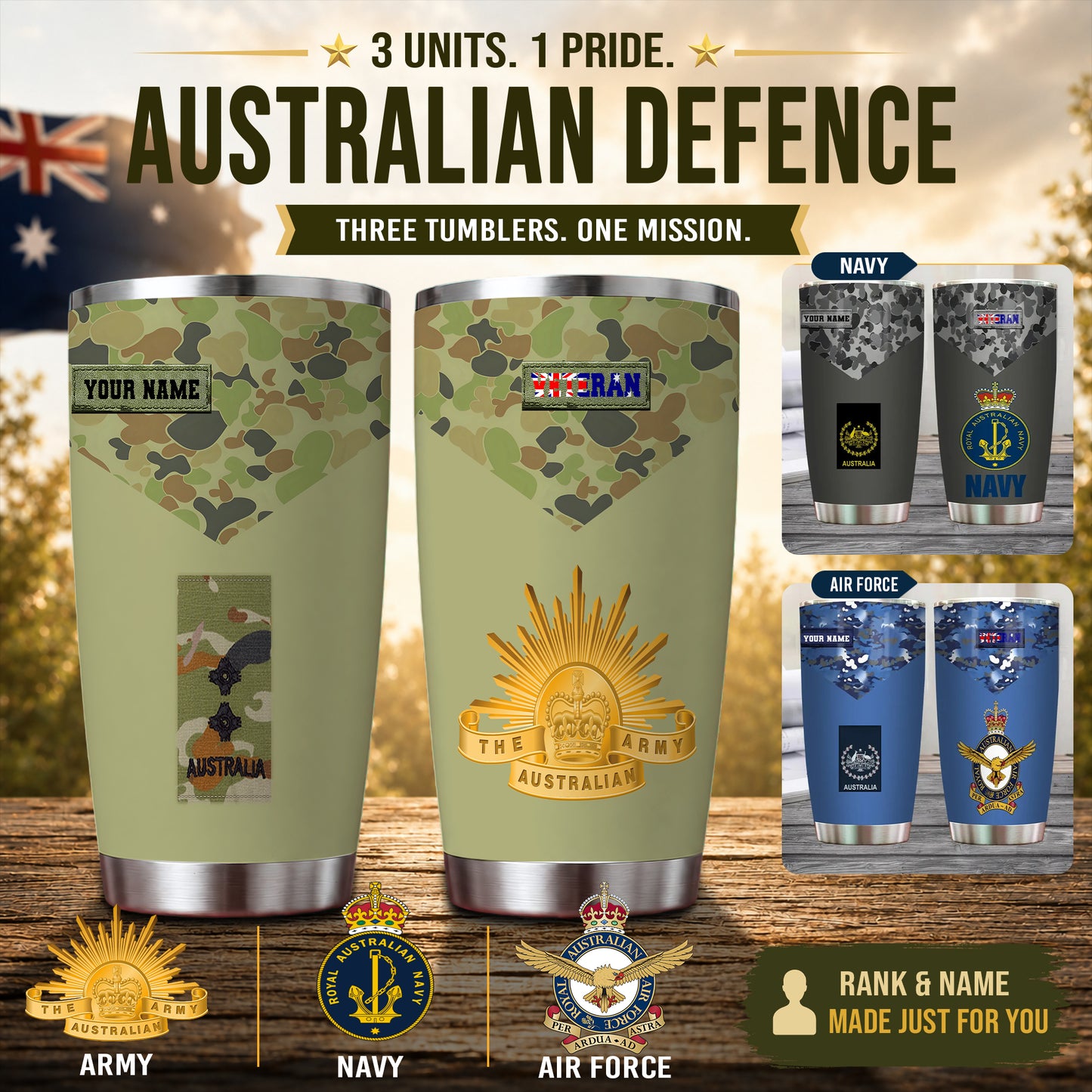 Verre personnalisé avec motif camouflage pour vétéran/soldat australien, avec rang et nom, imprimé sur toute la surface - 0302240008