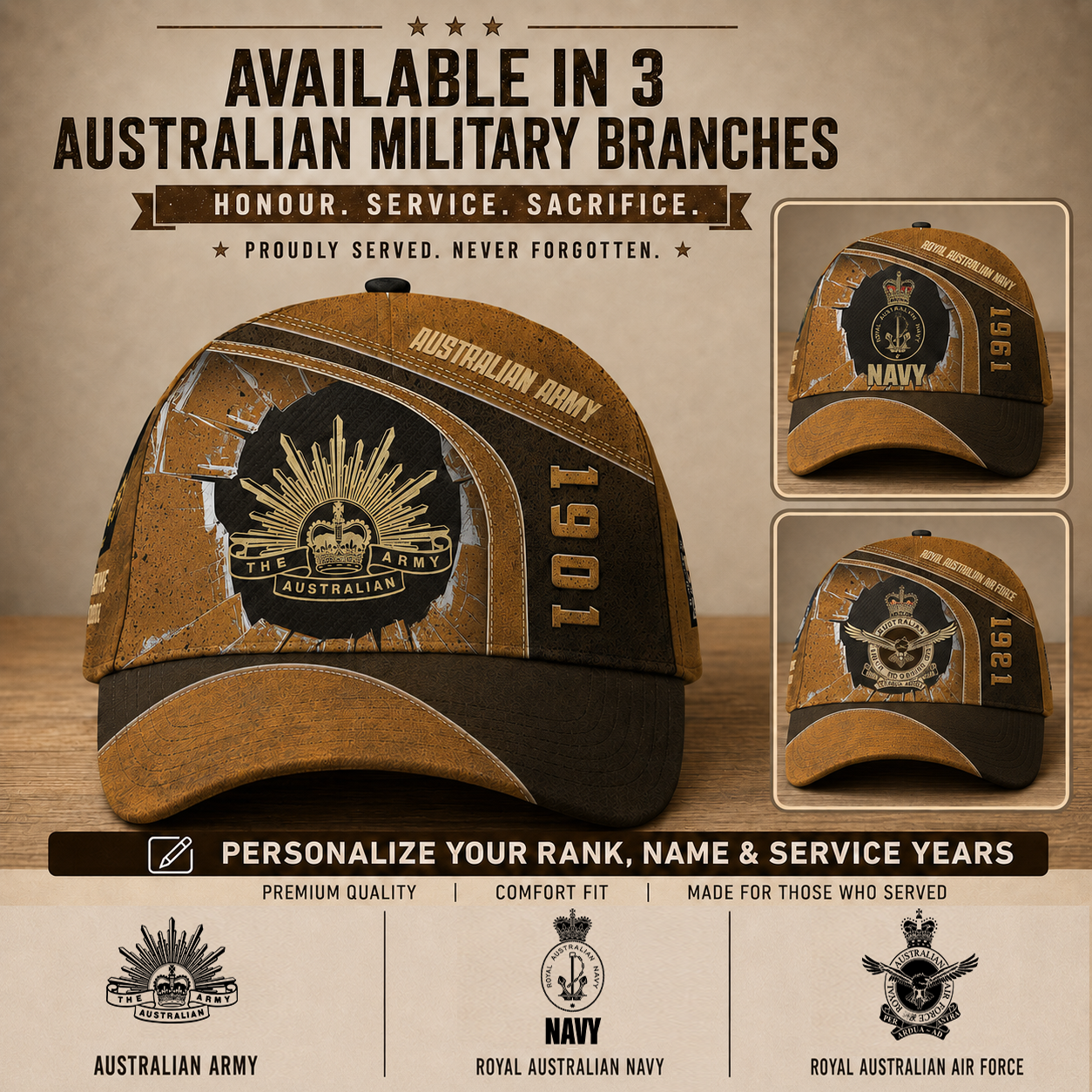 Personalized Rank, Year And Name Australia Soldier/Veterans Baseball Cap - 17374176