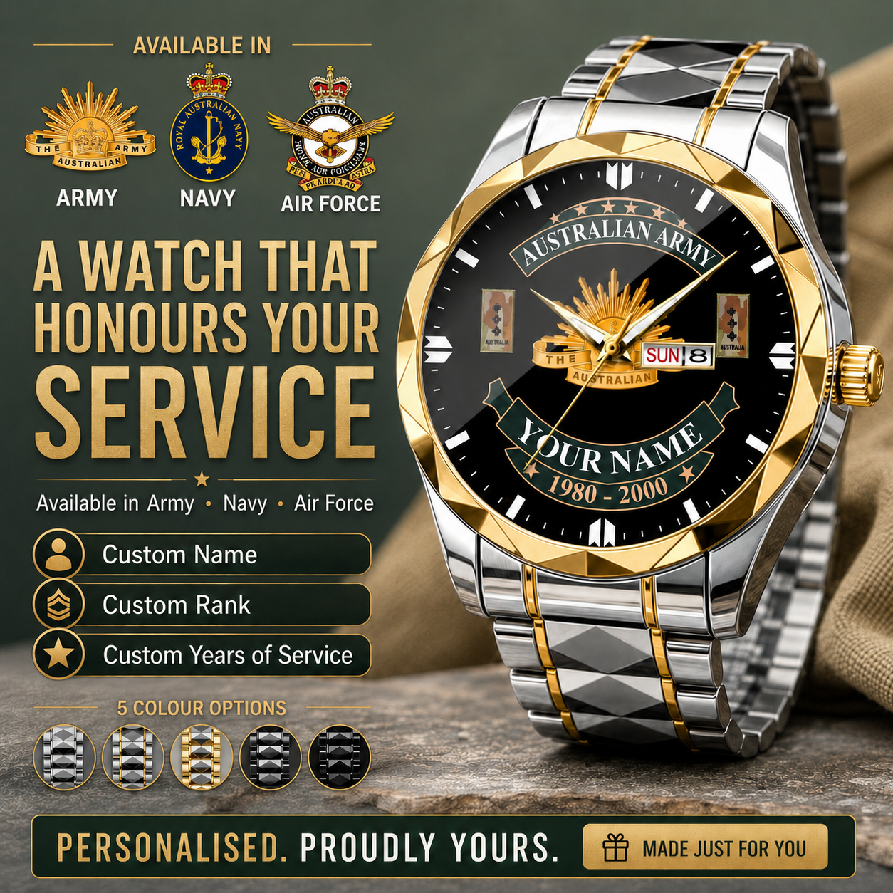 Personalized Australia Soldier/Veteran with Name and Rank Diamond-Cut Bezel Watch - 1761350401