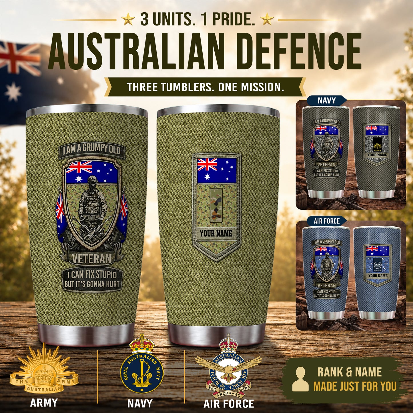 Personalized Australia Veteran/ Soldier With Name & Rank Camo Tumbler - 17727552
