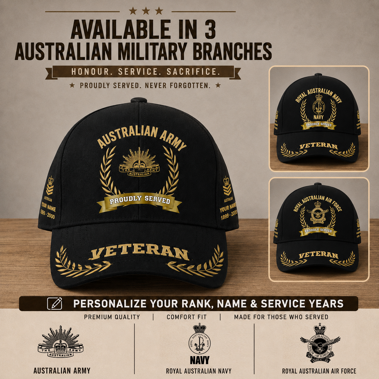 Personalized Rank, Year And Name Australia Soldier/Veterans Baseball Cap - 17282592