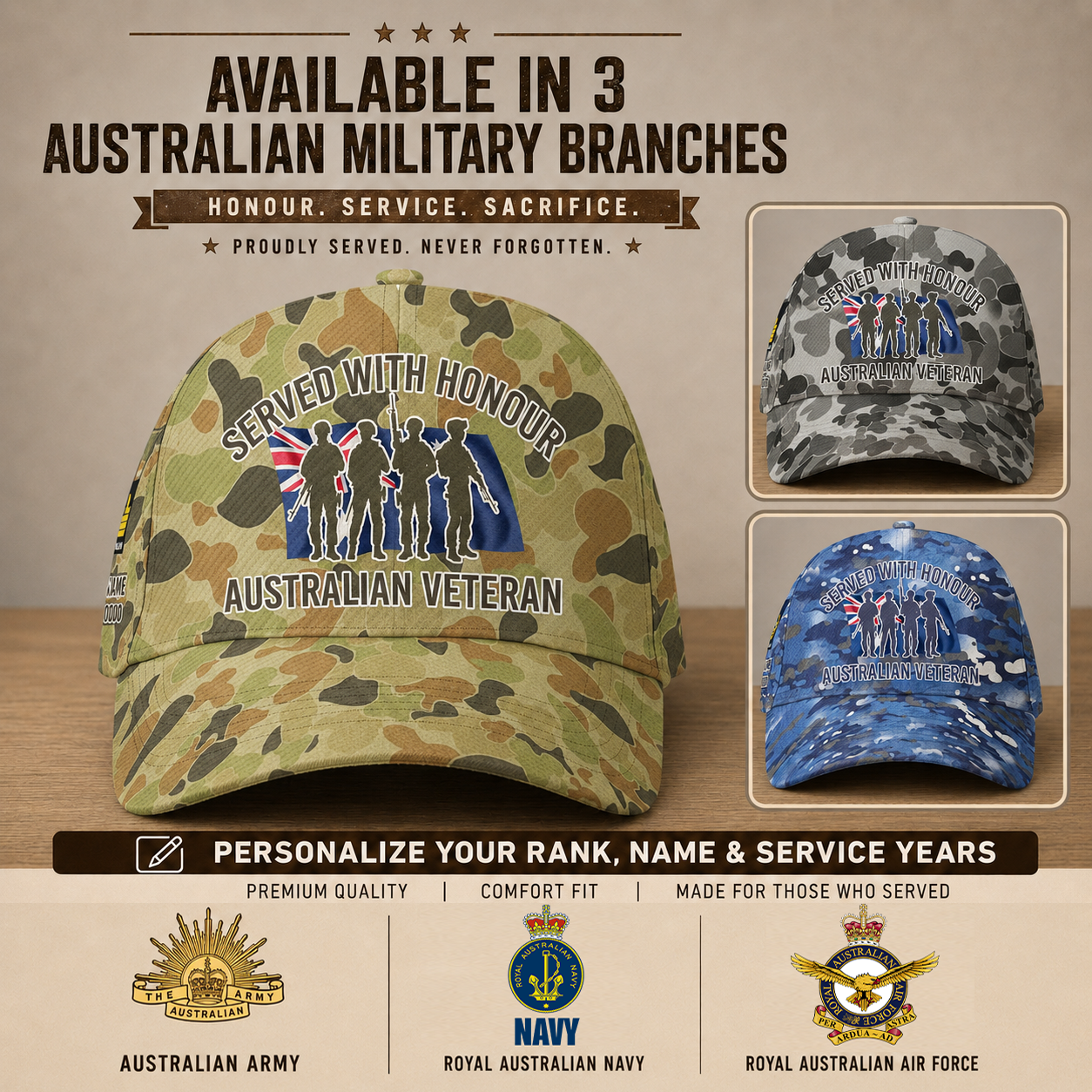 Personalized Rank, Year And Name Australia Soldier/Veterans Baseball Cap - 17676576