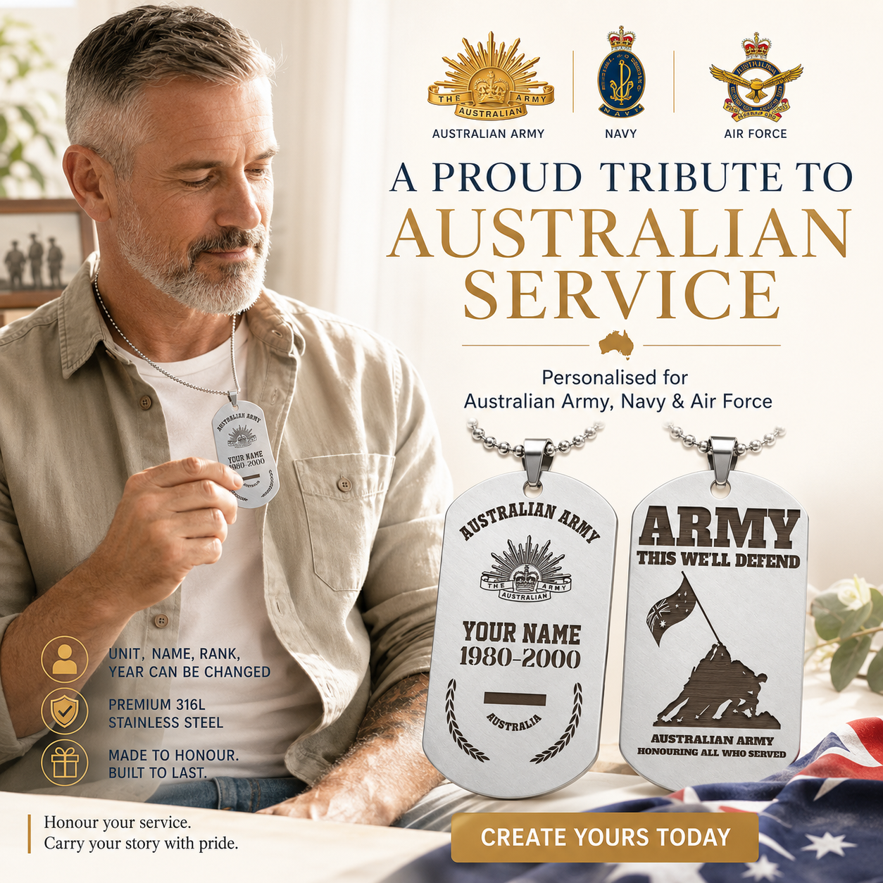 Personalized Australia Soldier/Veteran with Rank, Name & Year Dog Tag Necklace - 17657568