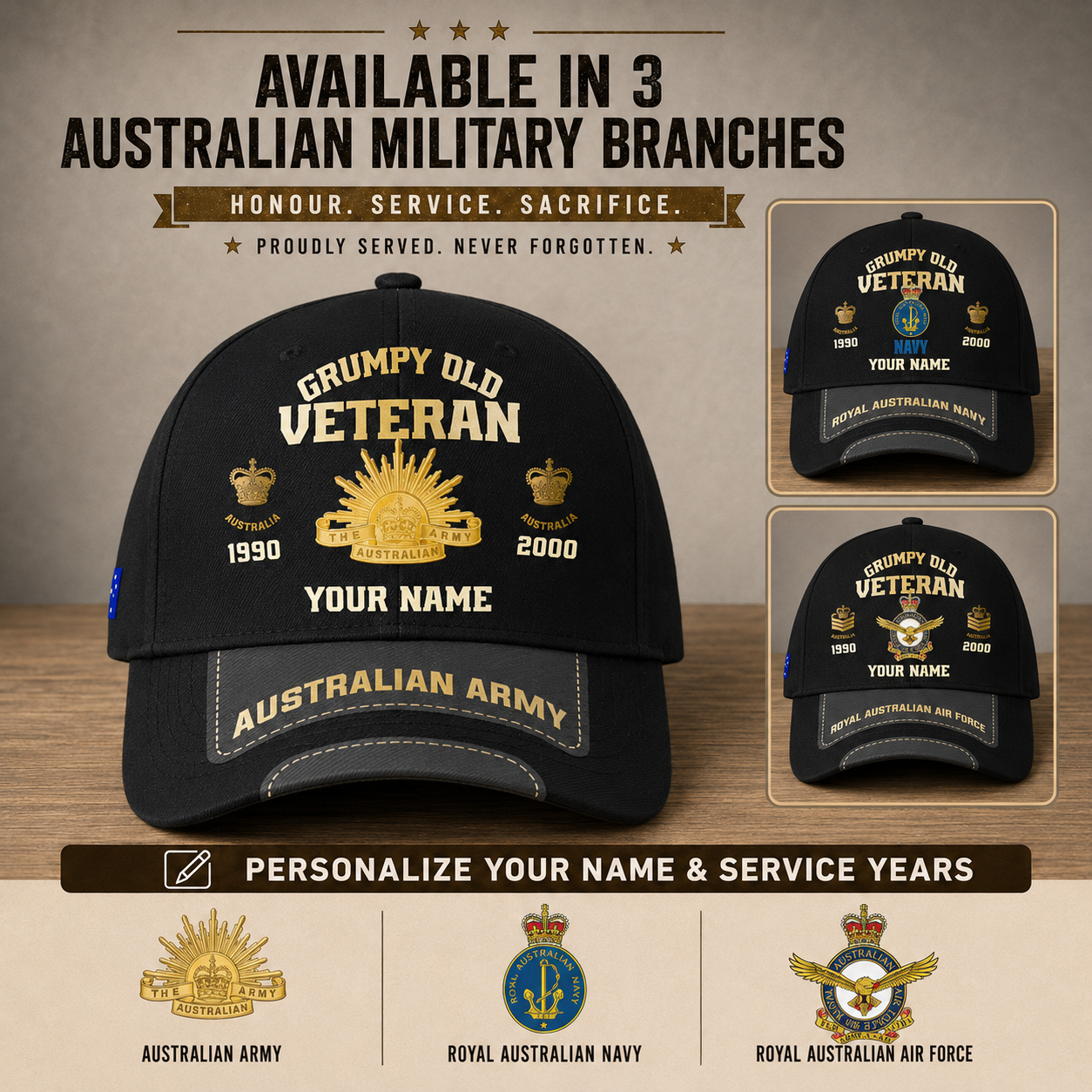 Australian Military Tribute Cap – Custom Rank, Name and Year Option - 1757376005