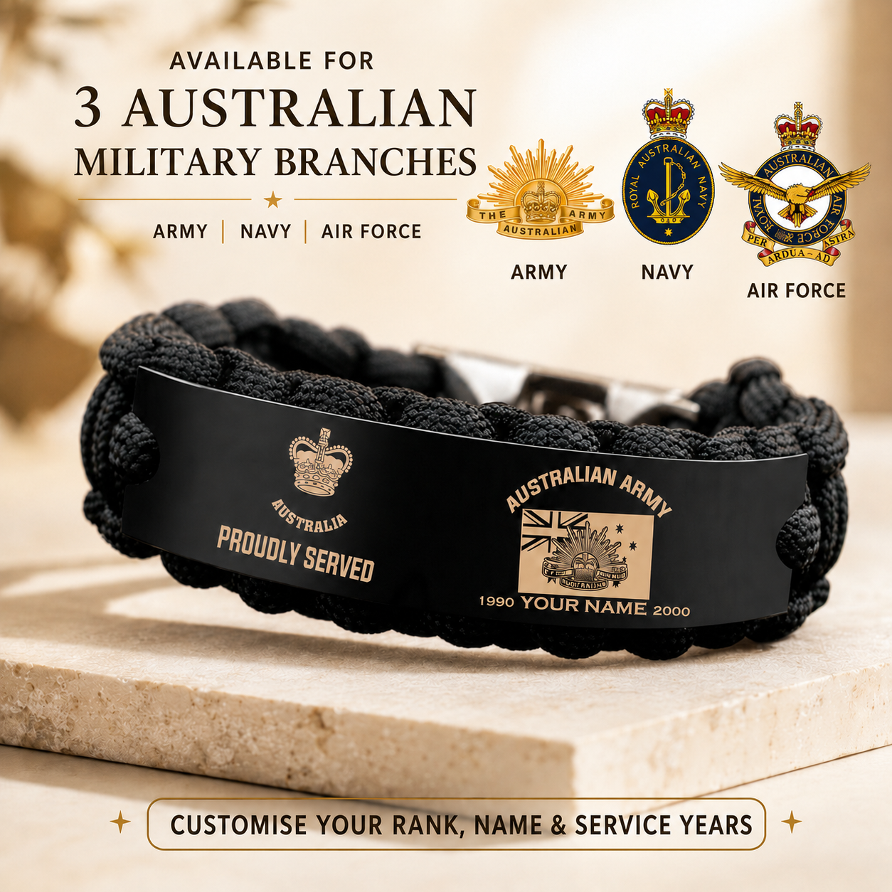Personalized Australia Soldier/ Veteran Engraved Military Paracord Bracelet With Rank, Name and Year - 17753472