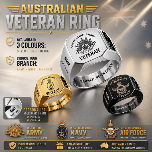 Personalized Australia Soldier/Veteran with Name and Rank Engraved Men’s Ring - 17629920