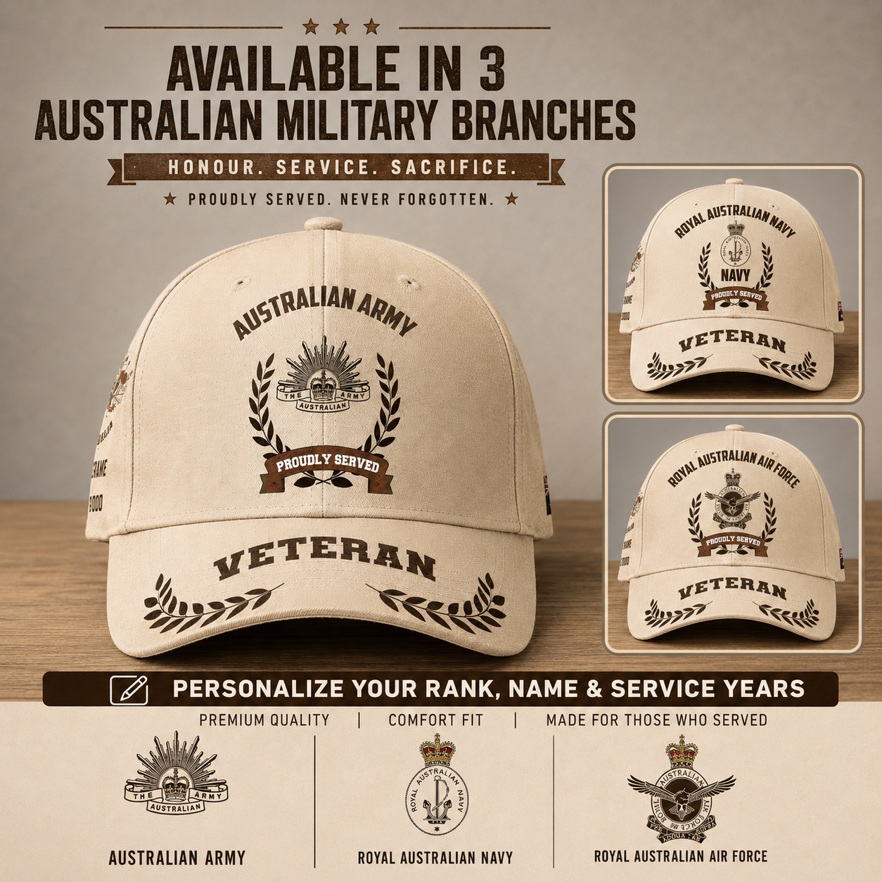Baseballkappe für australische Soldaten/Veteranen mit personalisiertem Rang, Jahr und Namen – 1721260803