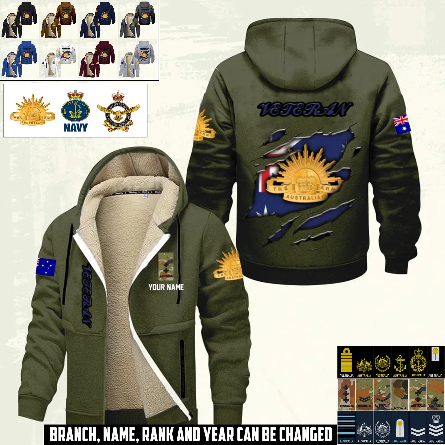 Personalized Australia Soldier/ Veteran With Name And Rank Hoodie Zip Velvet Coat - 17367264