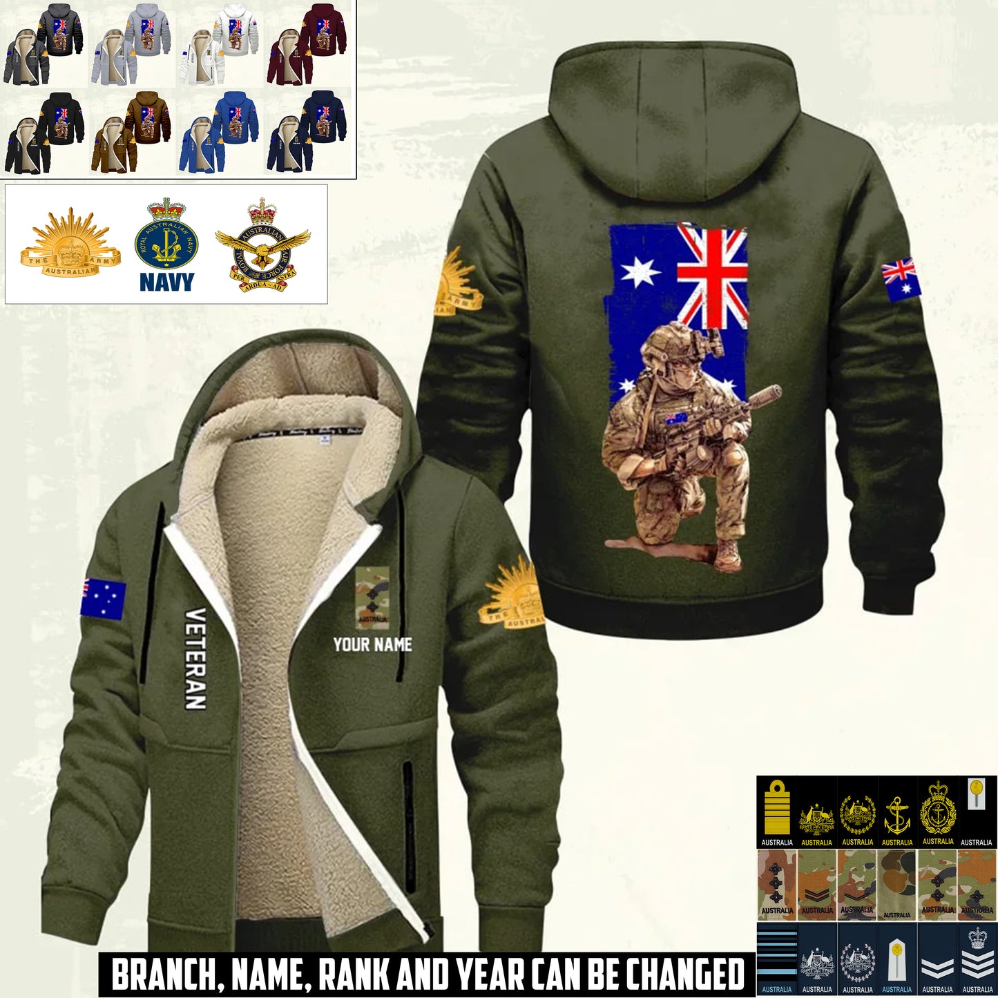Personalized Australia Soldier/ Veteran With Name And Rank Hoodie Zip Velvet Coat - 17368992