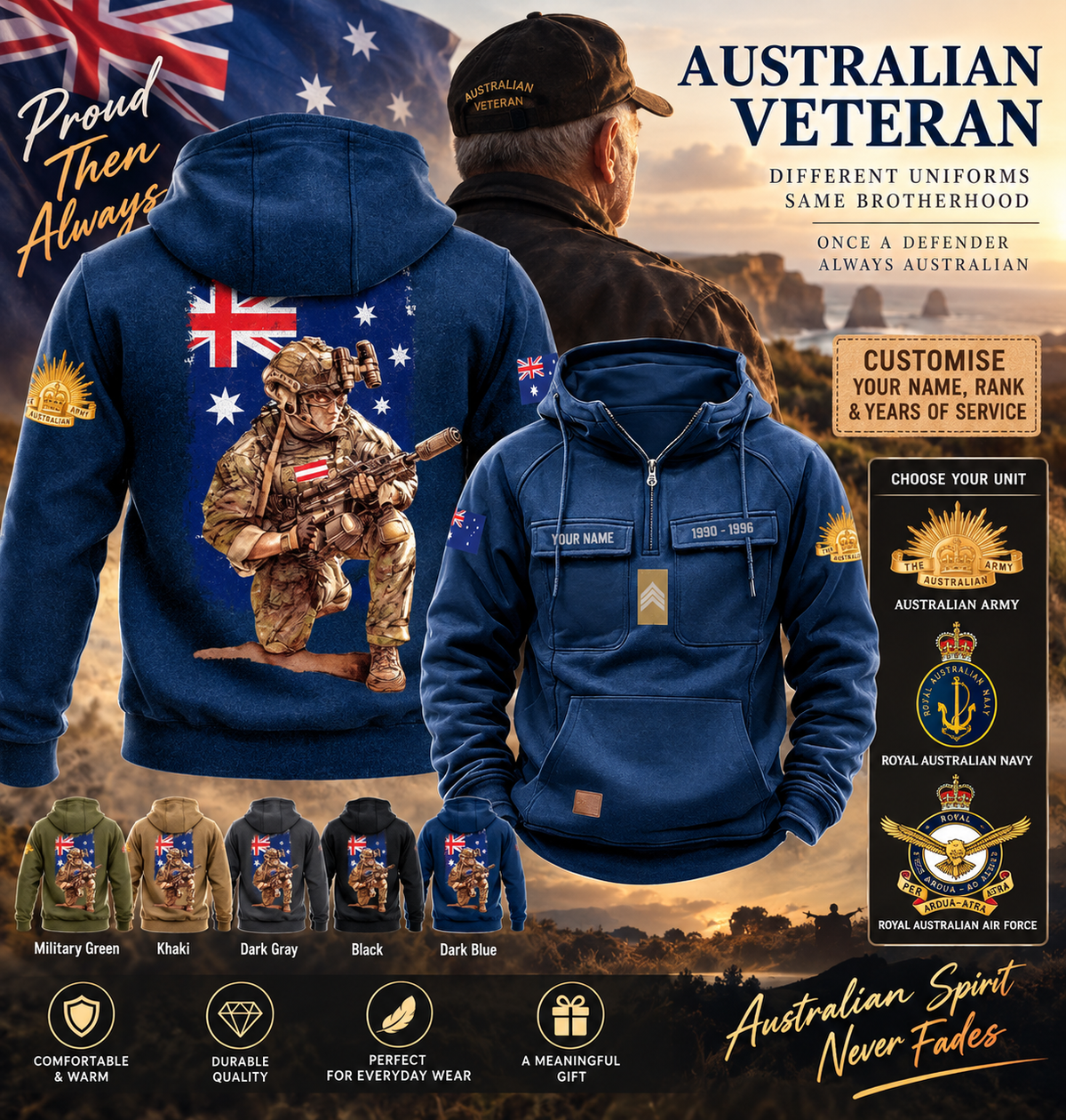 Personalisierter australischer Soldat/Veteran Vintage-Kapuzenpullover mit Rundumdruck - 27062401QA