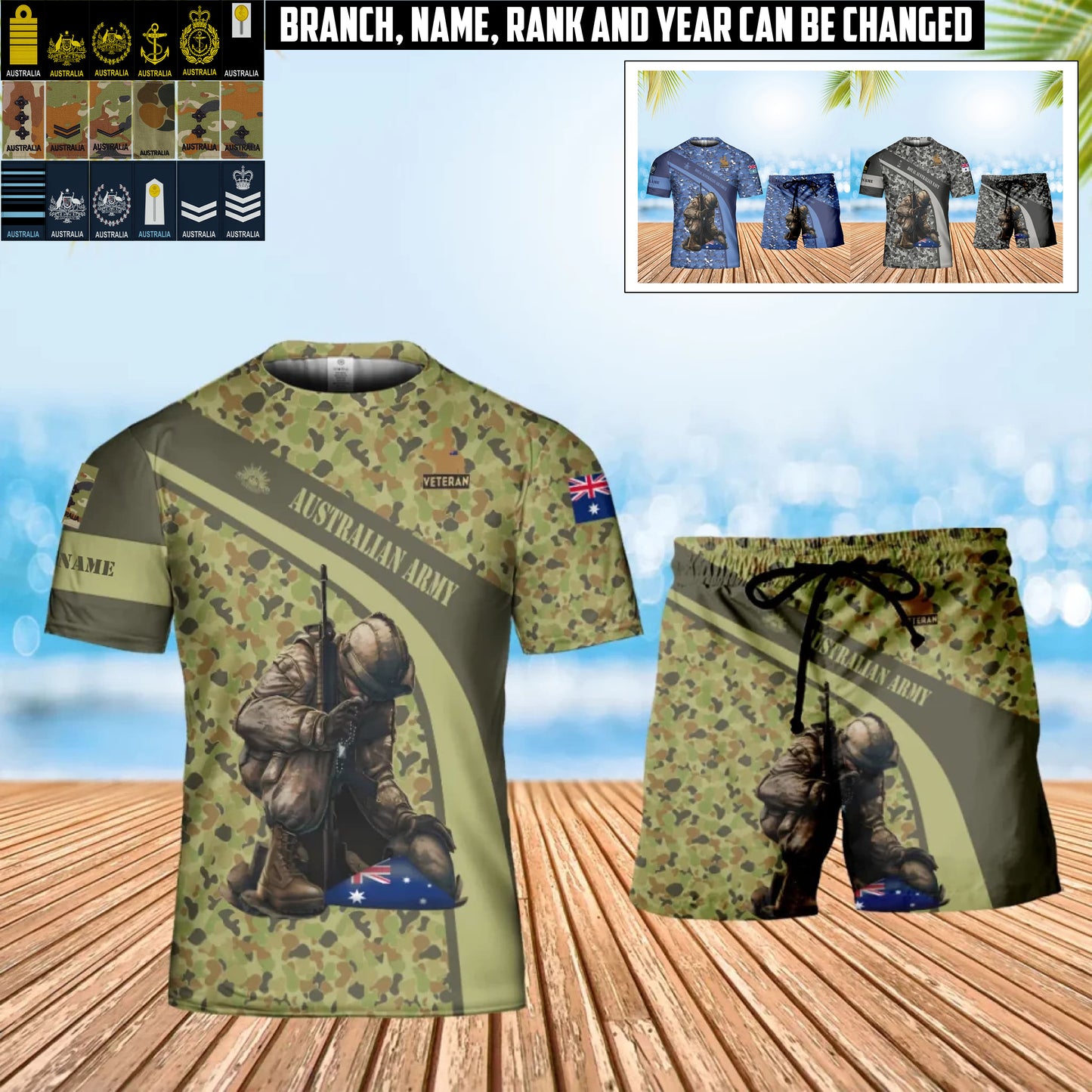 Personalized Australia Soldier/ Veteran Camo With Name And Rank Combo T-Shirt + Short 3D Printed  - 1741651201
