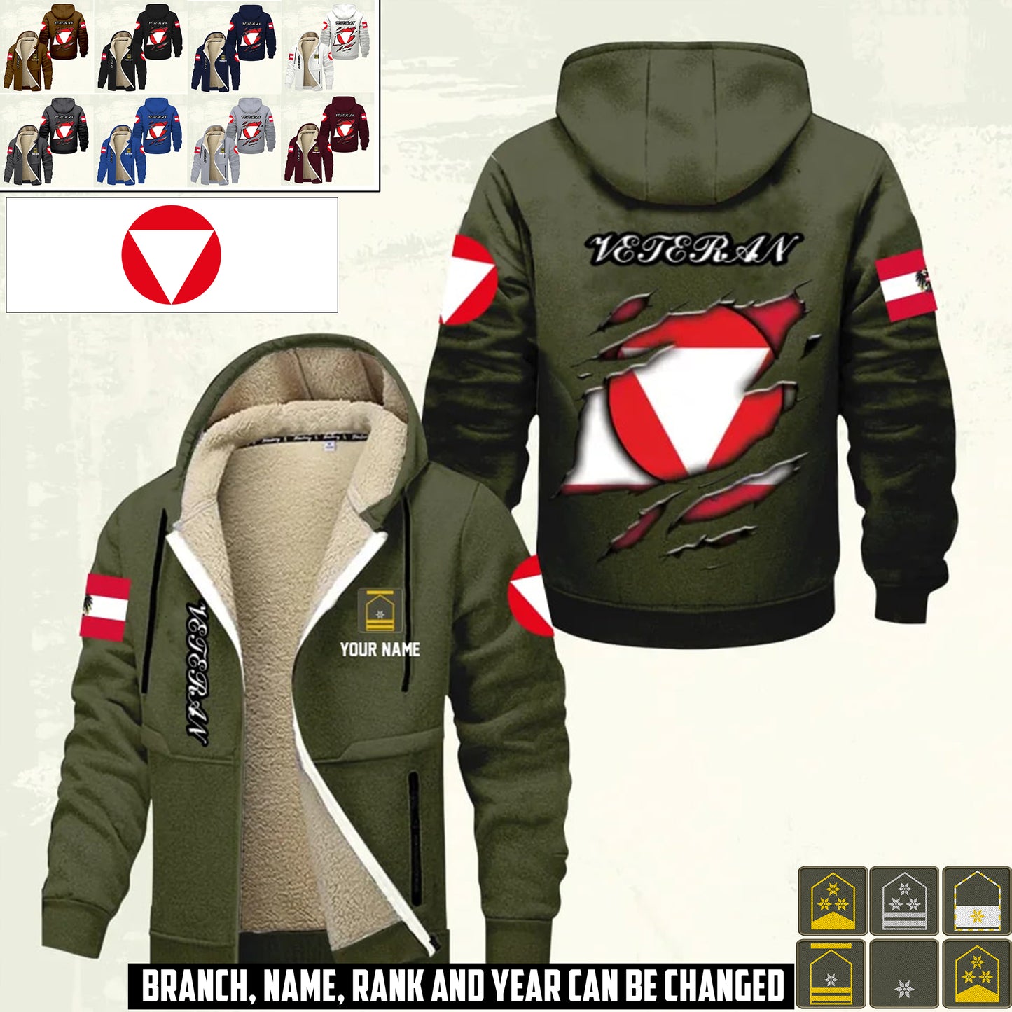 Personalized Austria Soldier/ Veteran With Name And Rank Hoodie Zip Velvet Coat - 17367264