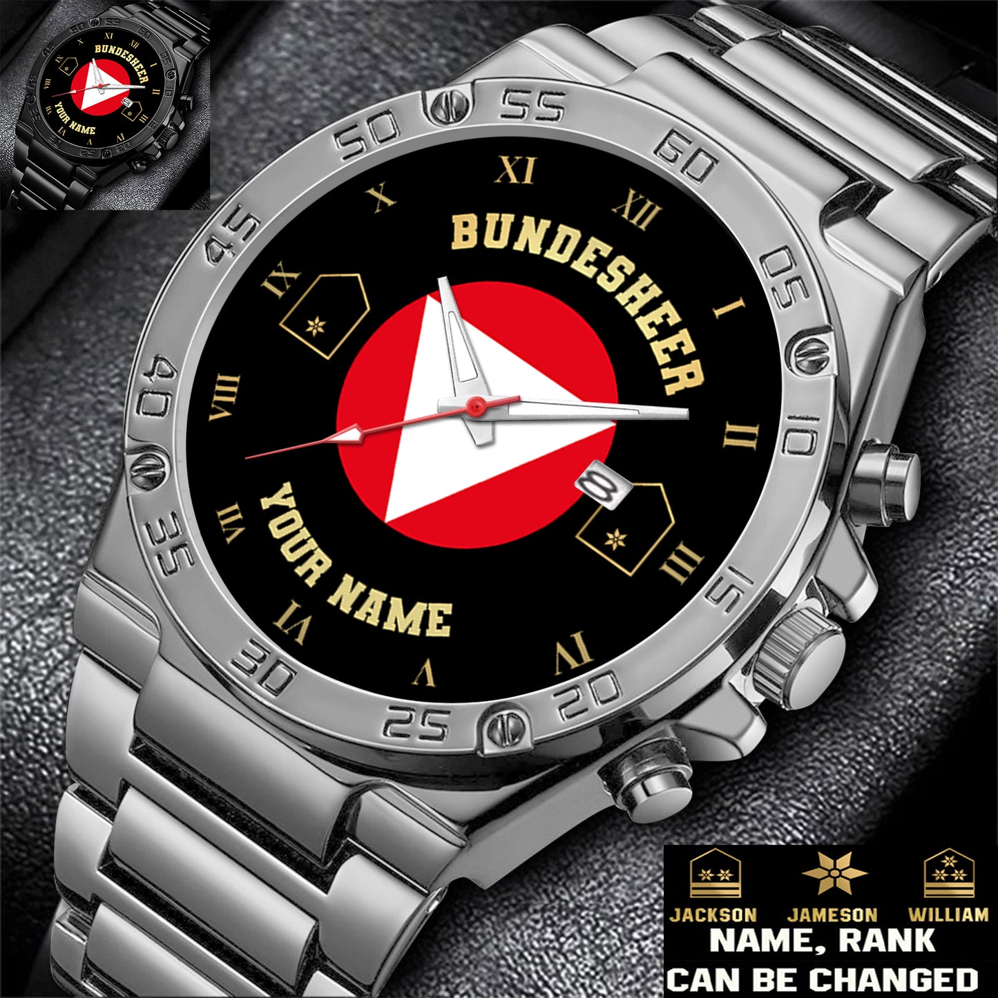 Personalized Austria Soldier/ Veteran With Name And Rank Gentleman Stainless Steel Watch - 17388864