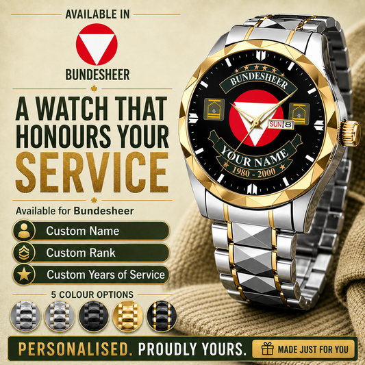 Personalized Austria Soldier/Veteran with Name and Rank Diamond-Cut Bezel Watch - 1761350401