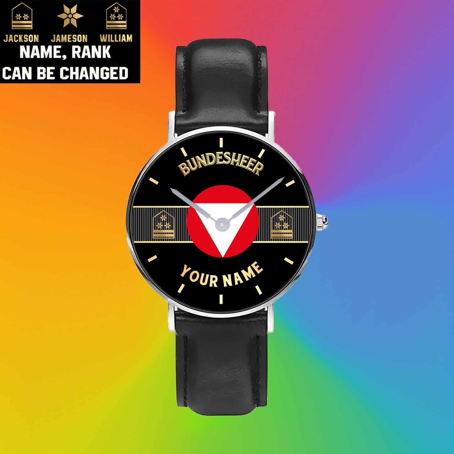 Personalized Austrian Soldier/ Veteran With Name And Rank Black Stitched Leather Watch - 17097696 - Gold Version