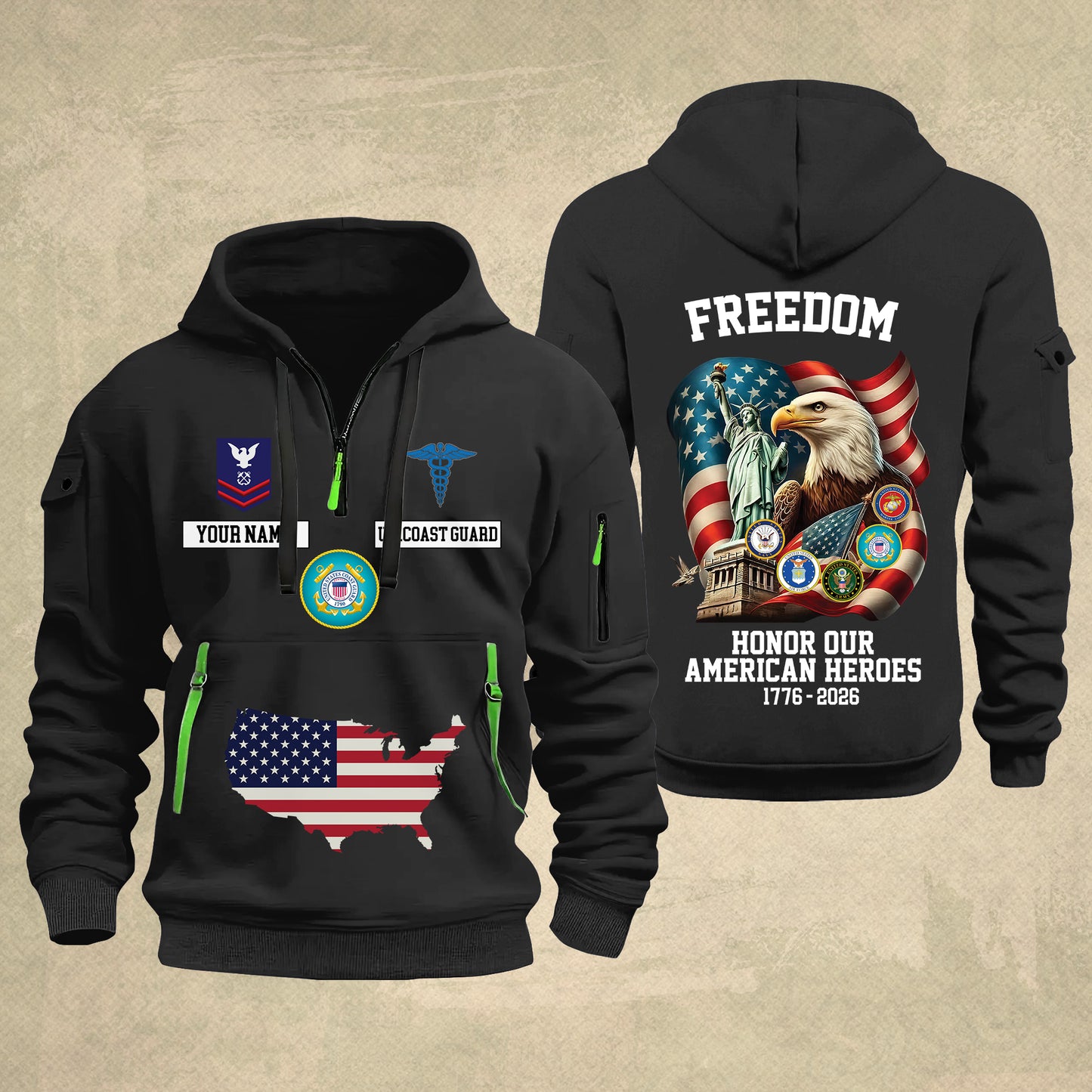Coast Guard Rating - Freedom Honor Our American Heroes – Personalized Multicolor Zip Hoodie | Custom Military Branch | 250th Anniversary | 4th of July - 17699904