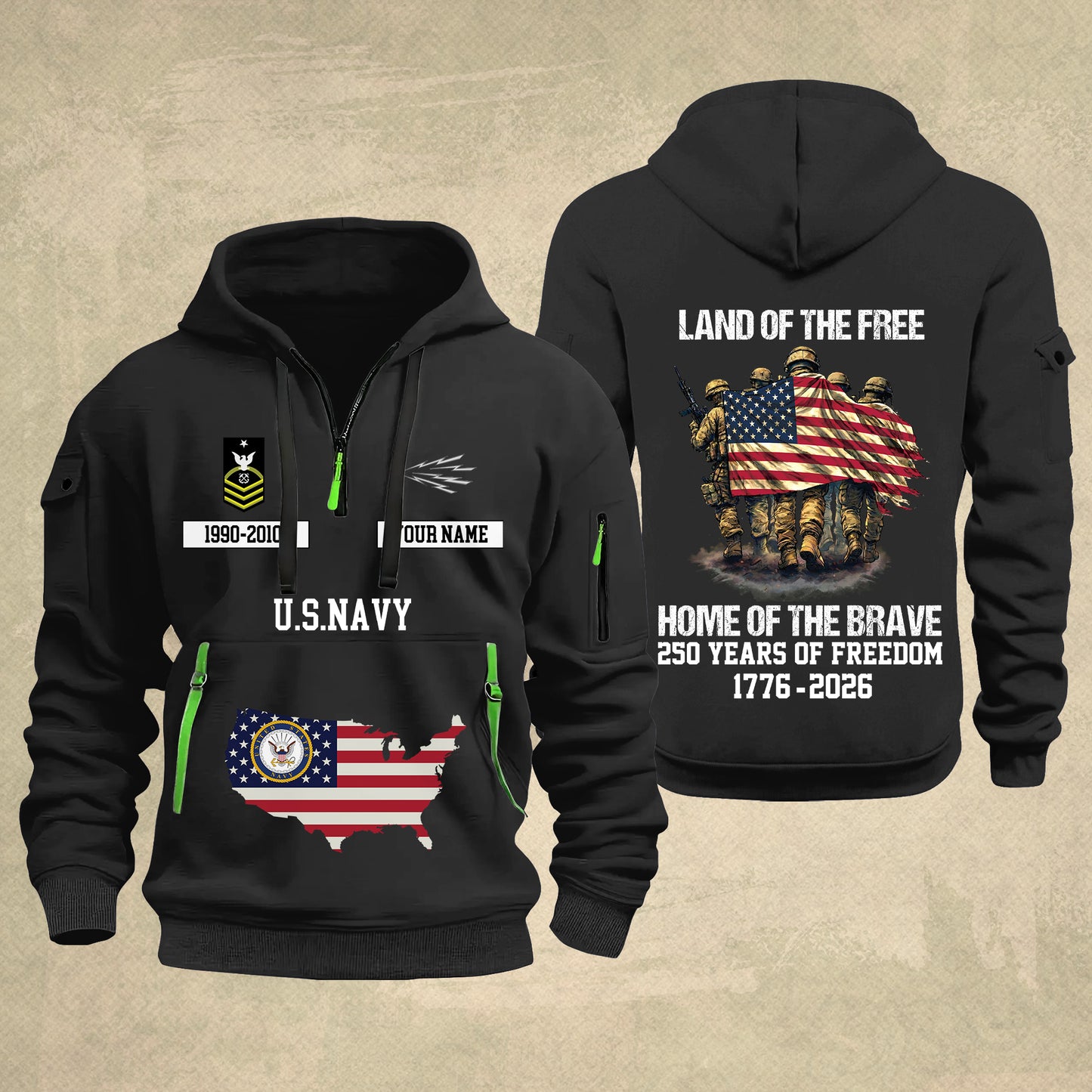 Navy Rating - Land Of The Free Home Of The Brave – Personalized Zip Hoodie Multicolor, Custom Rank Unit Military Branch Zip Hoodie Multicolor, 250th USA, 4th of July - 17700768