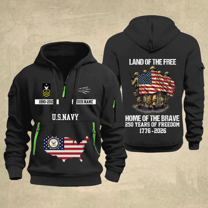Navy Rating - Land Of The Free Home Of The Brave – Personalized Zip Hoodie Multicolor, Custom Rank Unit Military Branch Zip Hoodie Multicolor, 250th USA, 4th of July - 17700768