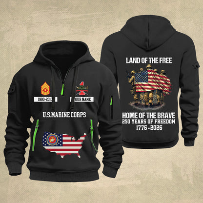 Marines Battalions - Land Of The Free Home Of The Brave – Personalized Zip Hoodie Multicolor, Custom Rank Unit Military Branch Zip Hoodie Multicolor, 250th USA, 4th of July - 17700768