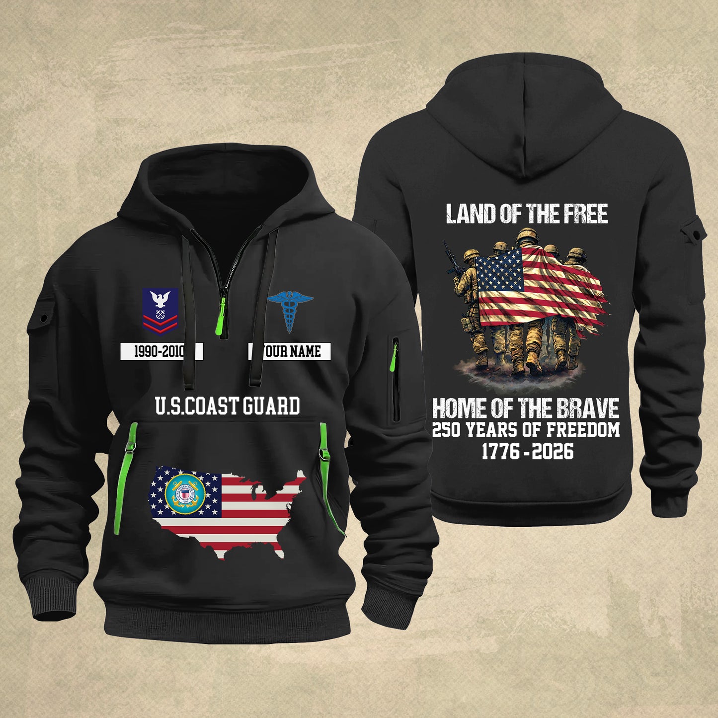 Coast Guard Rating - Land Of The Free Home Of The Brave – Personalized Zip Hoodie Multicolor, Custom Rank Unit Military Branch Zip Hoodie Multicolor, 250th USA, 4th of July - 17700768