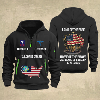 Coast Guard Rating - Land Of The Free Home Of The Brave – Personalized Zip Hoodie Multicolor, Custom Rank Unit Military Branch Zip Hoodie Multicolor, 250th USA, 4th of July - 17700768
