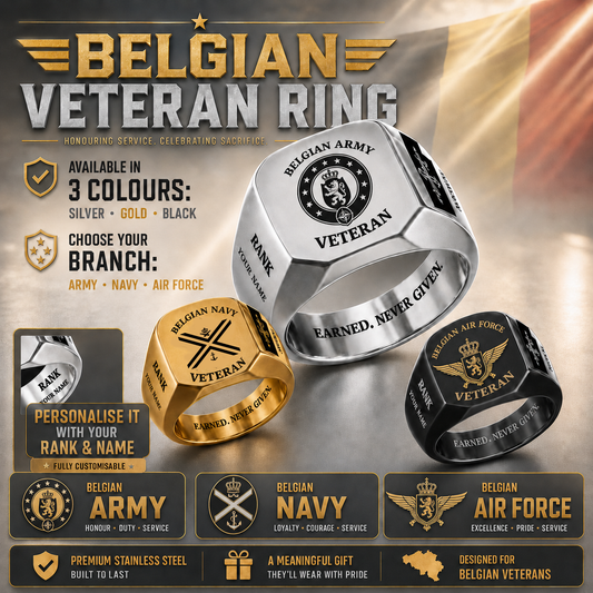 Personalized Belgium Soldier/Veteran with Name and Rank Engraved Men’s Ring - 17629920