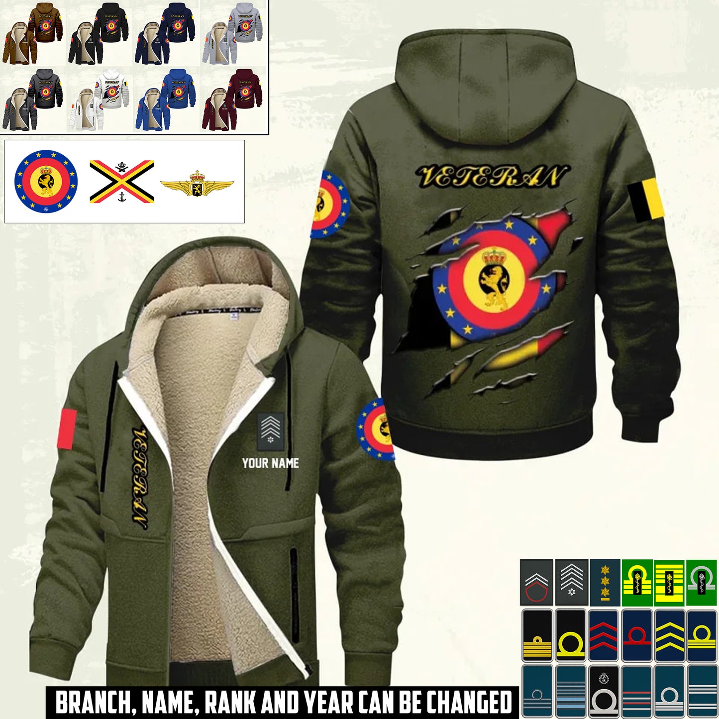 Personalized Belgium Soldier/ Veteran With Name And Rank Hoodie Zip Velvet Coat - 17367264