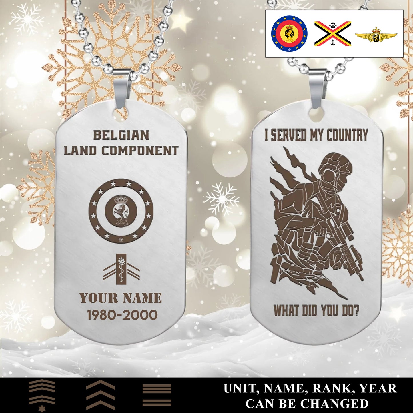 Personalized Belgium Soldier/Veteran with Rank, Name & Year Dog Tag Necklace - 17639424