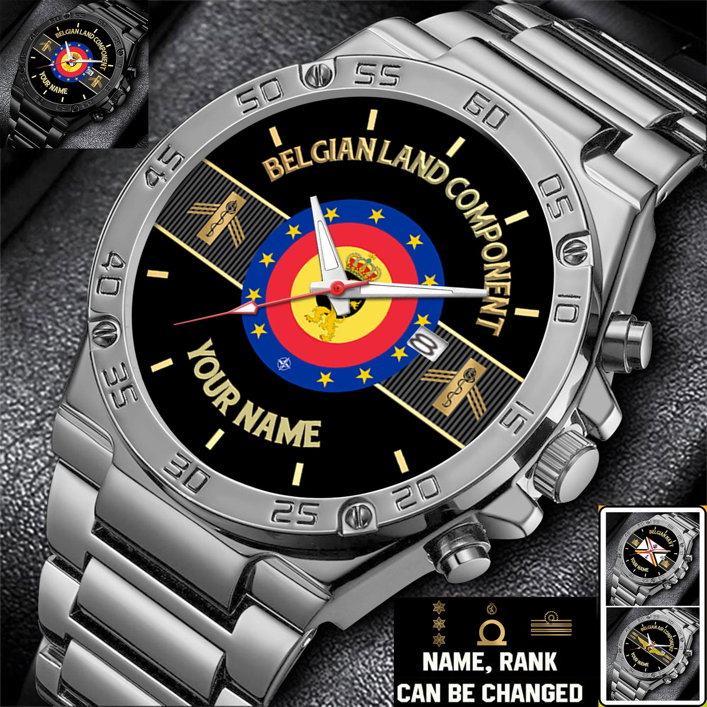 Personalized Belgium Soldier/ Veteran With Name And Rank Gentleman Stainless Steel Watch - 17388000