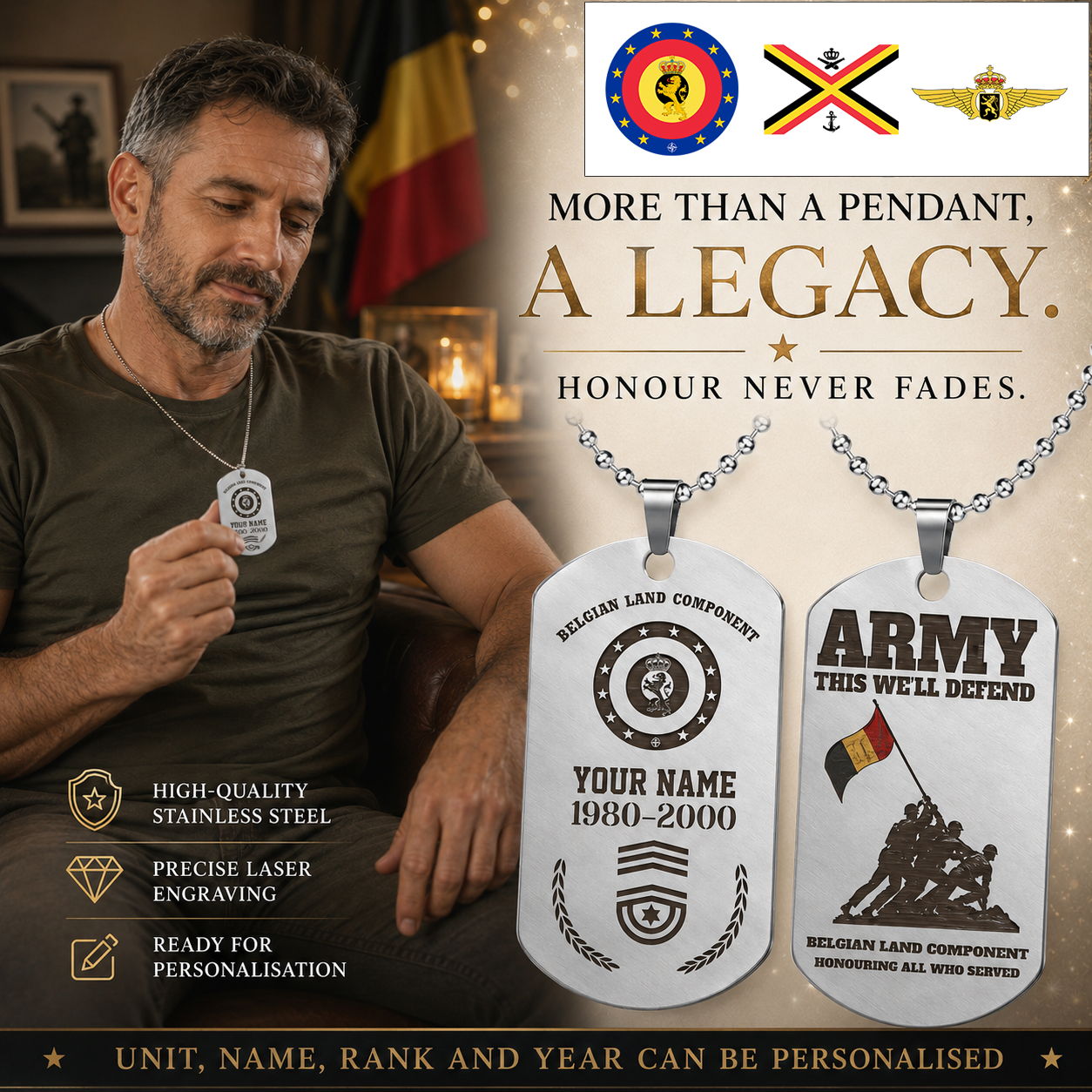 Personalized Belgium Soldier/Veteran with Rank, Name & Year Dog Tag Necklace - 17657568