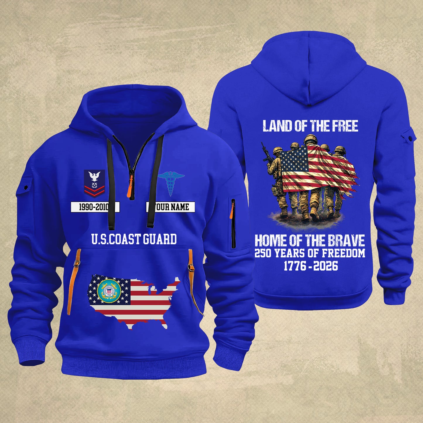 Coast Guard Rating - Land Of The Free Home Of The Brave – Personalized Zip Hoodie Multicolor, Custom Rank Unit Military Branch Zip Hoodie Multicolor, 250th USA, 4th of July - 17700768