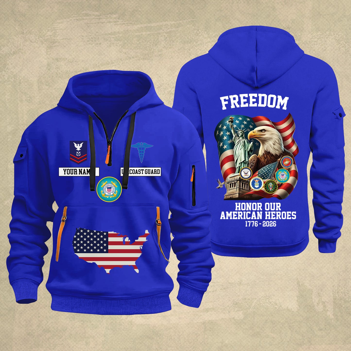 Coast Guard Rating - Freedom Honor Our American Heroes – Personalized Multicolor Zip Hoodie | Custom Military Branch | 250th Anniversary | 4th of July - 17699904