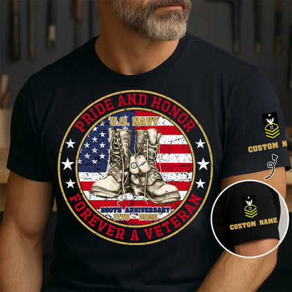 Navy Badge - Pride And Honor Forever A Veteran - Personalized Shirt, Custom Military Unit Branch Shirt, 250th USA Tee, Independence Day Shirt - 17772480