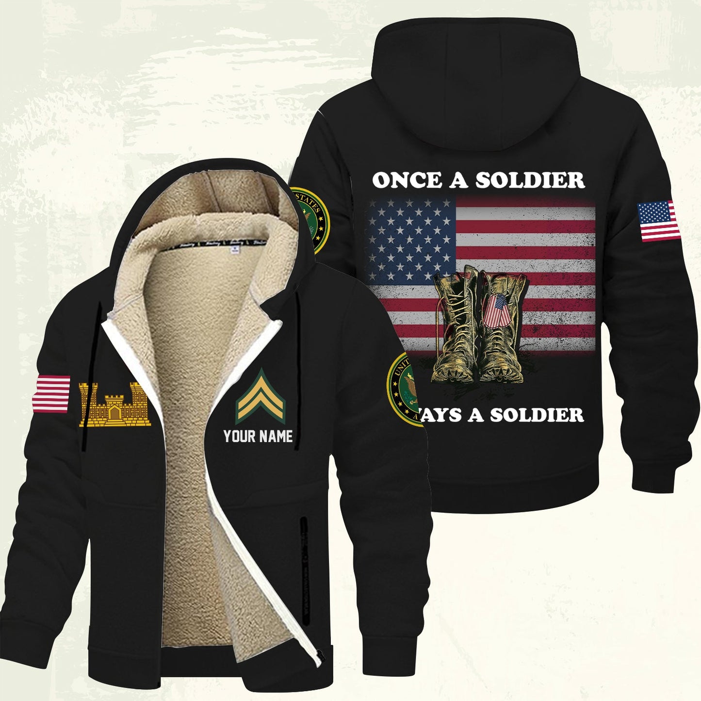 Army Branch - Personalized US Soldier/ Veteran With Name And Rank Hoodie Zip Velvet Coat - 17362944