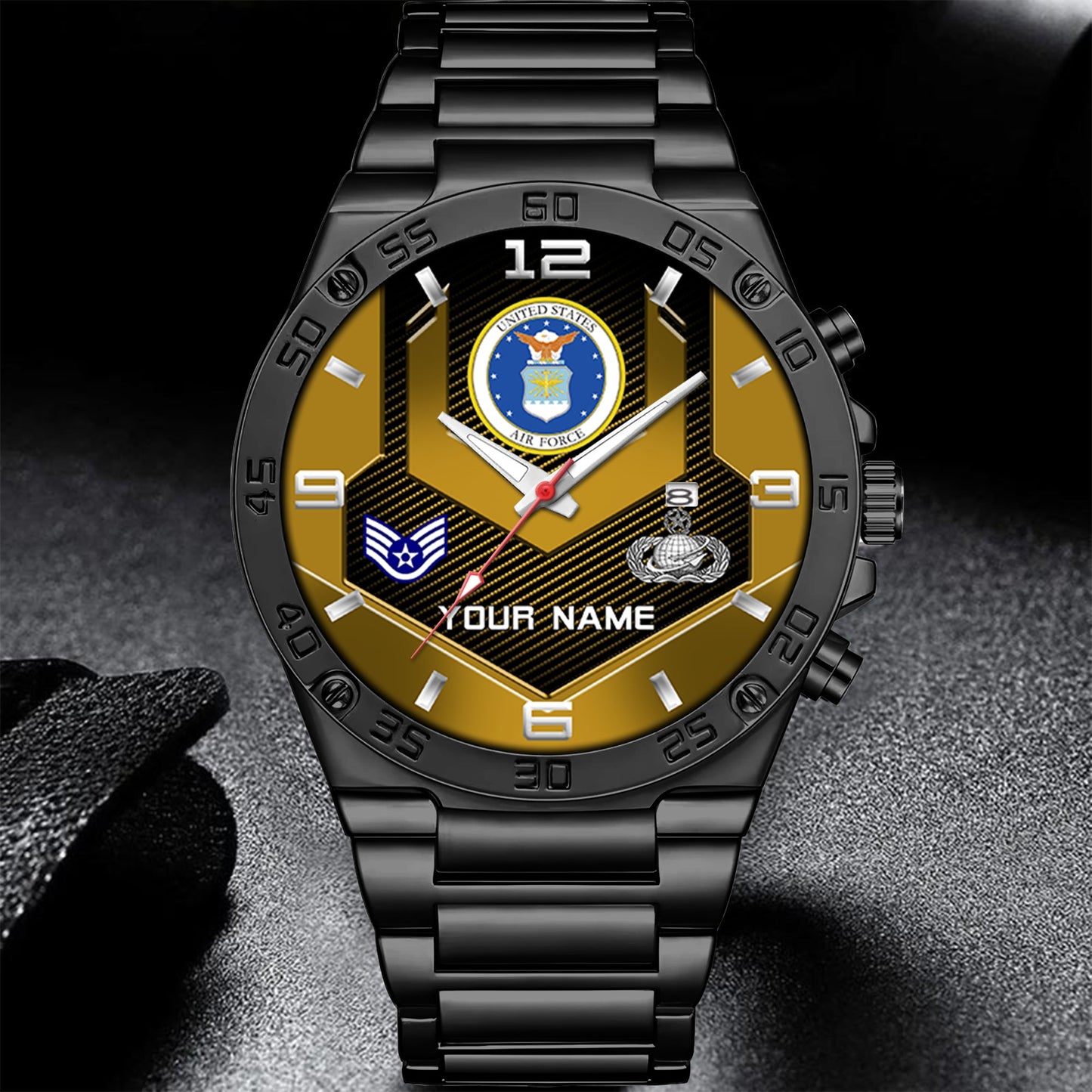 Air Force Badge - Personalized US Soldier/ Veteran With Name And Rank Gentleman Stainless Steel Watch - 17491680