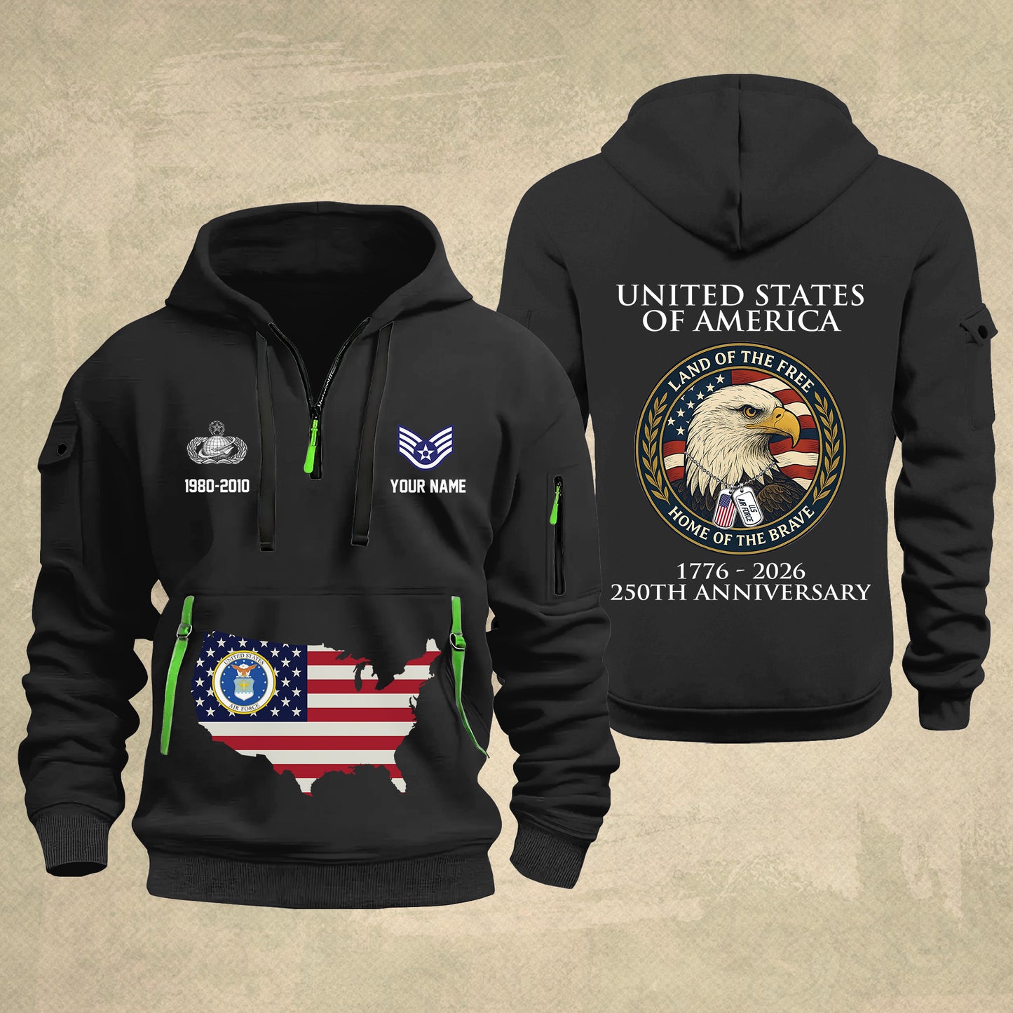 Air Force Badge - Personalized 250th America Anniversary Zip Hoodie Multicolor, Land Of The Free Home Of The Brave Zip Hoodie, Custom Military Branch Hoodie - 17691264