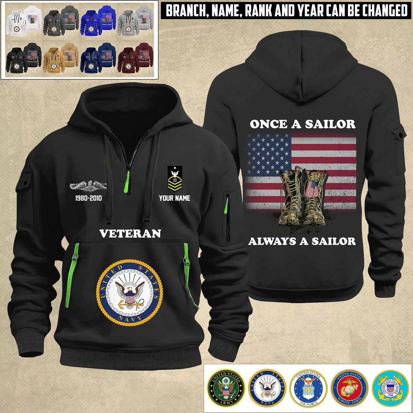Navy Badge - Personalized US Soldier/ Veteran With Name And Rank Zip Hoodie Multicolor - 17044128