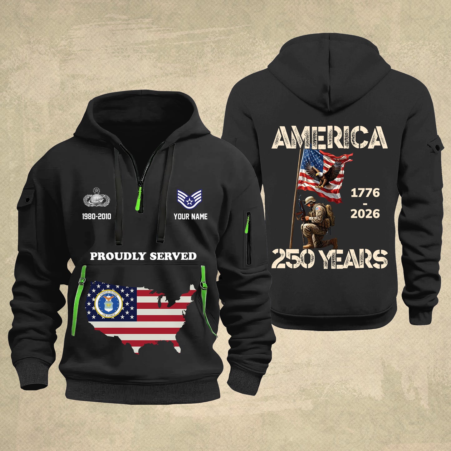 Air Force Badge - Personalized America 250 Years Zip Hoodie Multicolor, Custom U.S. Soldier Branch Hoodie, Happy Independence Day, 4th Of July Zip Hoodie - 1769040002