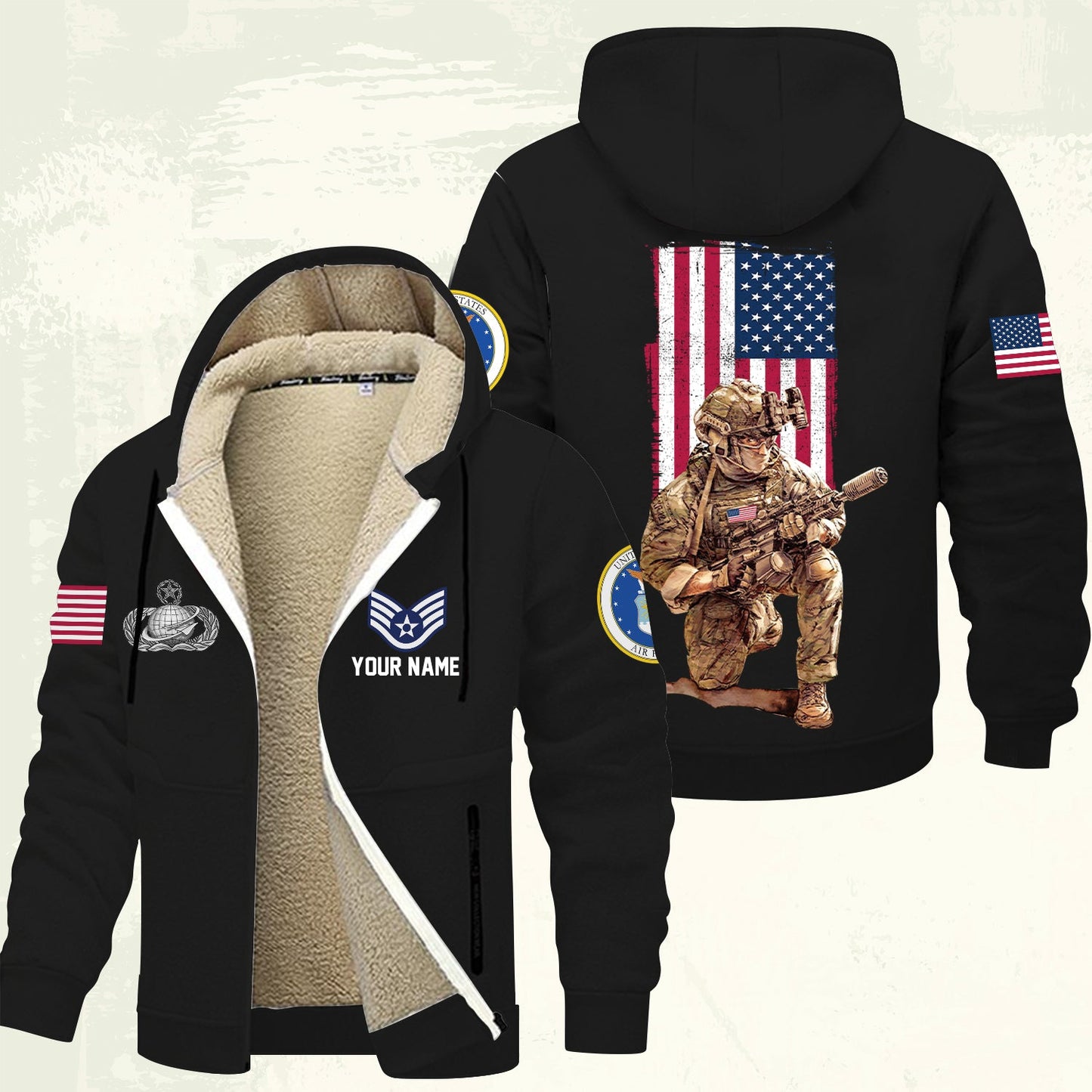 Air Force Badge - Personalized US Soldier/ Veteran With Name And Rank Hoodie Zip Velvet Coat - 17363808