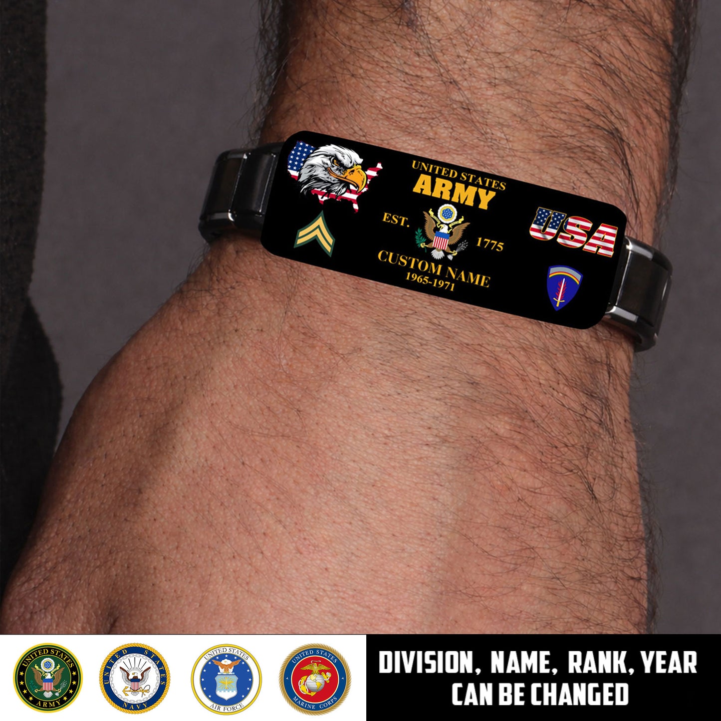Army Division - Personalized US Soldier/ Veteran With Rank, Name And Year Bracelet - 1776124802