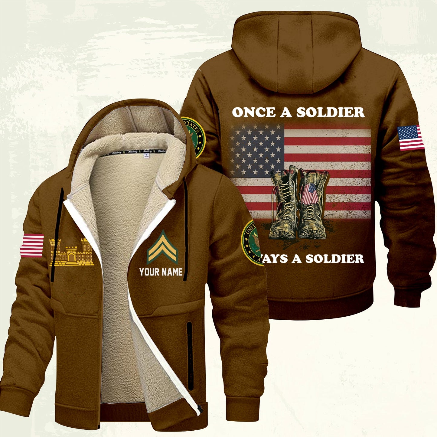Army Branch - Personalized US Soldier/ Veteran With Name And Rank Hoodie Zip Velvet Coat - 17362944