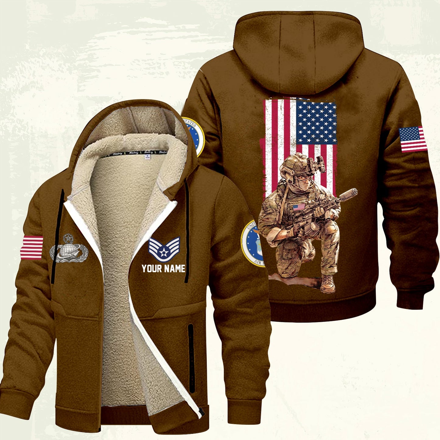 Air Force Badge - Personalized US Soldier/ Veteran With Name And Rank Hoodie Zip Velvet Coat - 17363808